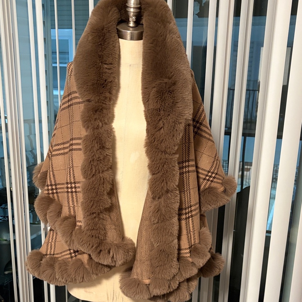 Plush Trim Plaid Cape in Brown